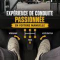 Une femme souriante conduisant une voiture manuelle sur une route de campagne