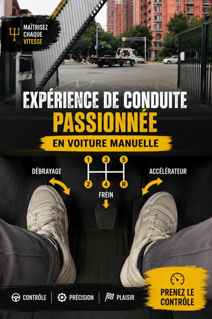 Une femme souriante conduisant une voiture manuelle sur une route de campagne