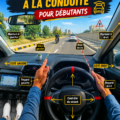 Femme débutante en train d'apprendre à conduire une voiture en toute confiance.