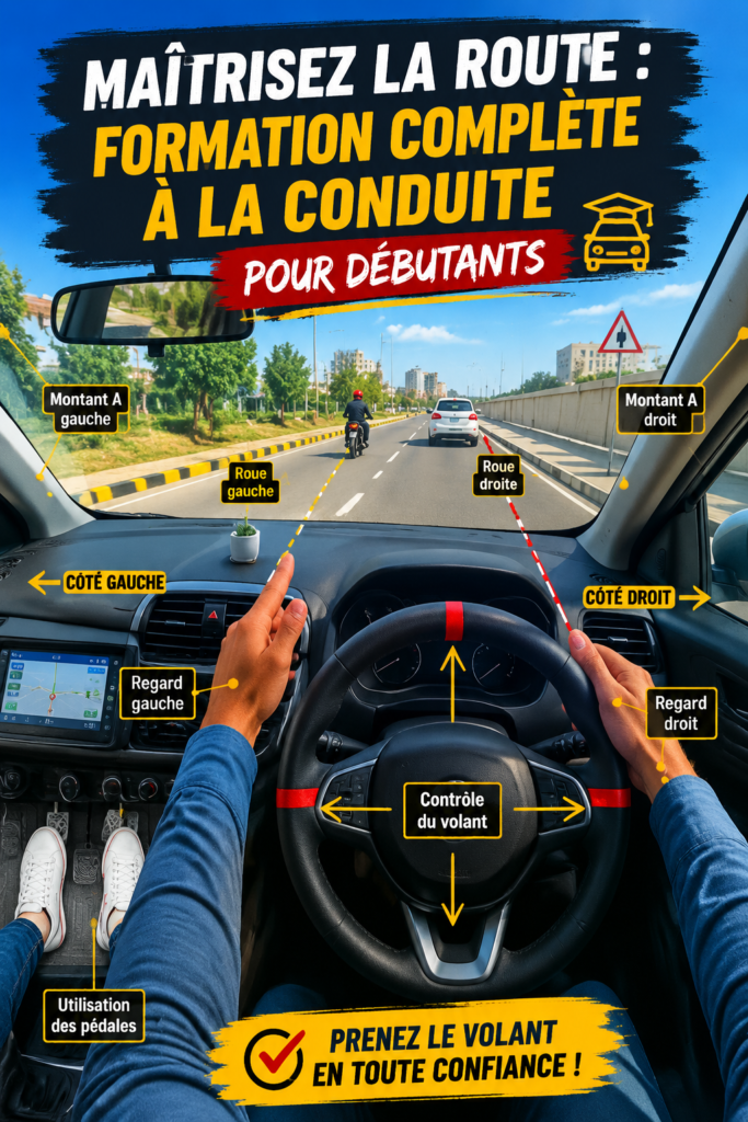 Femme débutante en train d'apprendre à conduire une voiture en toute confiance.
