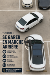 Femme conduisant une voiture en marche arrière dans une place de parking