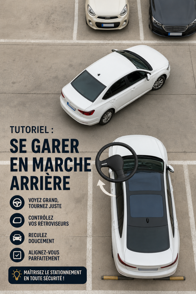 Femme conduisant une voiture en marche arrière dans une place de parking