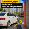 Conductrice évaluant la distance avant un virage serré.
