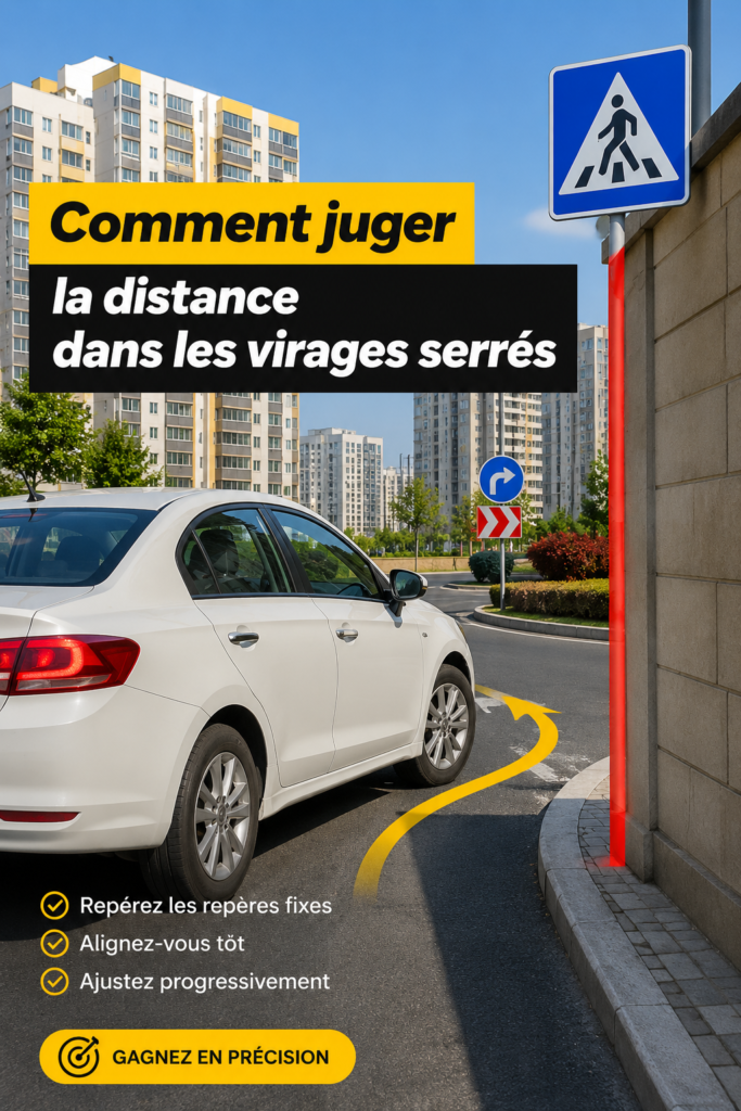 Conductrice évaluant la distance avant un virage serré.