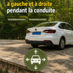 Une femme concentrée au volant, évalue les distances autour de sa voiture pour une conduite sécurisée.