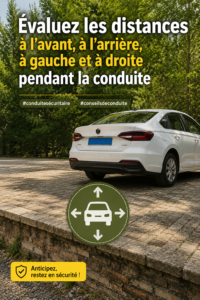 Une femme concentrée au volant, évalue les distances autour de sa voiture pour une conduite sécurisée.