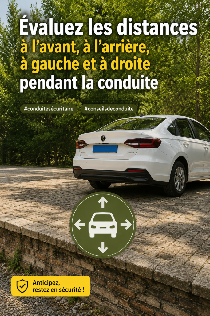 Une femme concentrée au volant, évalue les distances autour de sa voiture pour une conduite sécurisée.