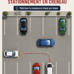 Une femme au volant apprenant à stationner en bataille dans un parking