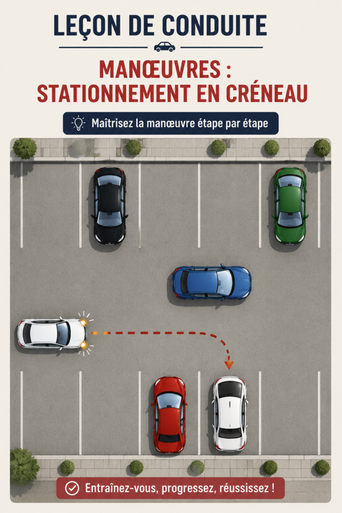 Une femme au volant apprenant à stationner en bataille dans un parking