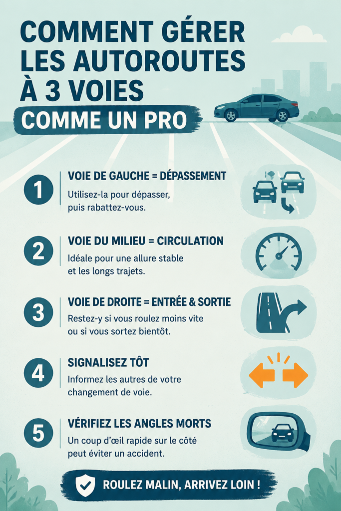 Une femme conduisant sereinement sur une autoroute à trois voies.