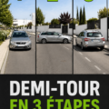 Illustration d'une voiture réalisant une manœuvre de trois-quarts sur une route.