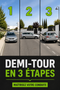 Illustration d'une voiture réalisant une manœuvre de trois-quarts sur une route.