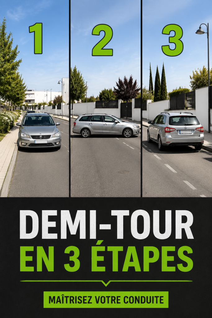 Illustration d'une voiture réalisant une manœuvre de trois-quarts sur une route.