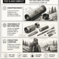 Outils de survie VSSL présentés en extérieur, parfaits pour les aventurières.