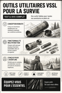 Outils de survie VSSL présentés en extérieur, parfaits pour les aventurières.
