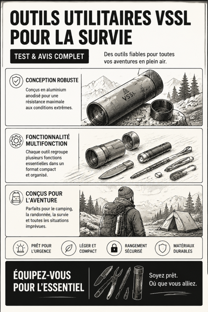 Outils de survie VSSL présentés en extérieur, parfaits pour les aventurières.