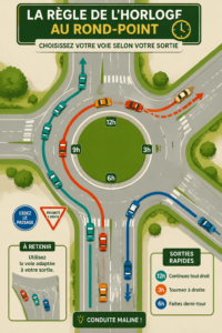 Conductrice au volant, appliquant la règle du rond-point pour une circulation fluide.