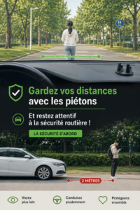 Conductrice attentive respectant la sécurité routière avec des piétons à proximité.