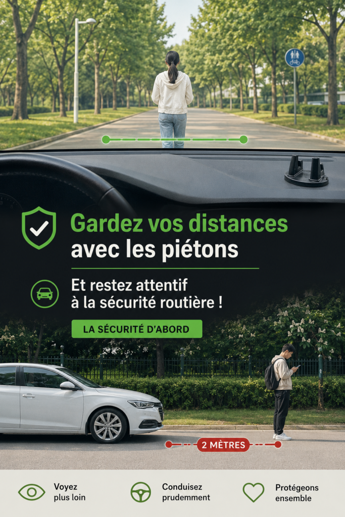 Conductrice attentive respectant la sécurité routière avec des piétons à proximité.