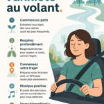 Femme sereine au volant d'une voiture, surmontant son anxiété de conduire.