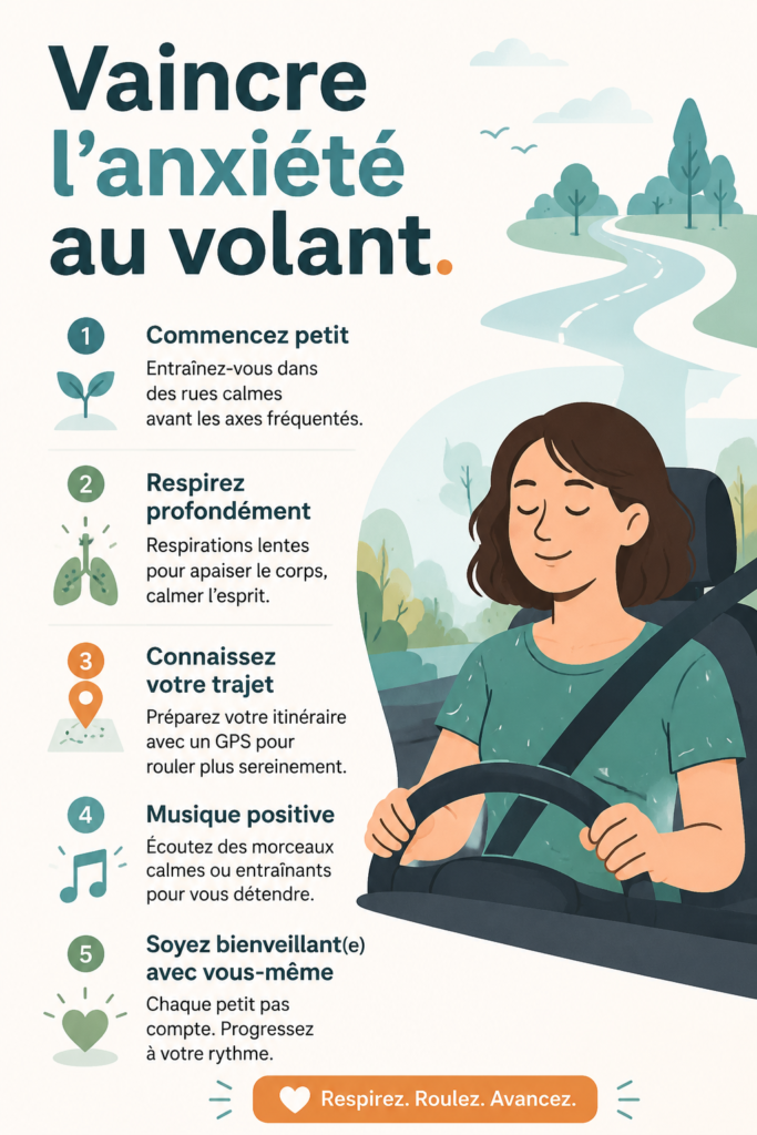 Femme sereine au volant d'une voiture, surmontant son anxiété de conduire.