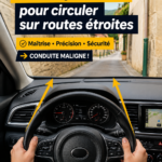 Une femme au volant de sa voiture sur une route étroite entourée d'arbres.