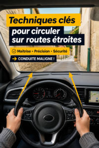 Une femme au volant de sa voiture sur une route étroite entourée d'arbres.