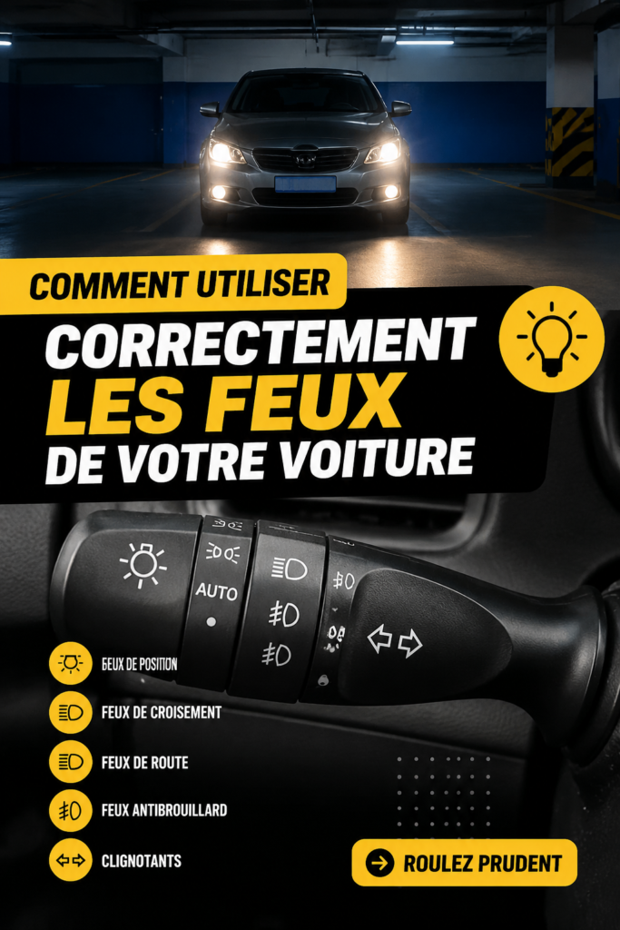 Voiture avec des feux allumés sur une route de nuit, illustrant l'importance de la sécurité routière.