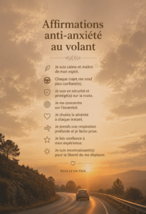 Femme sereine au volant pratiquant des affirmations positives