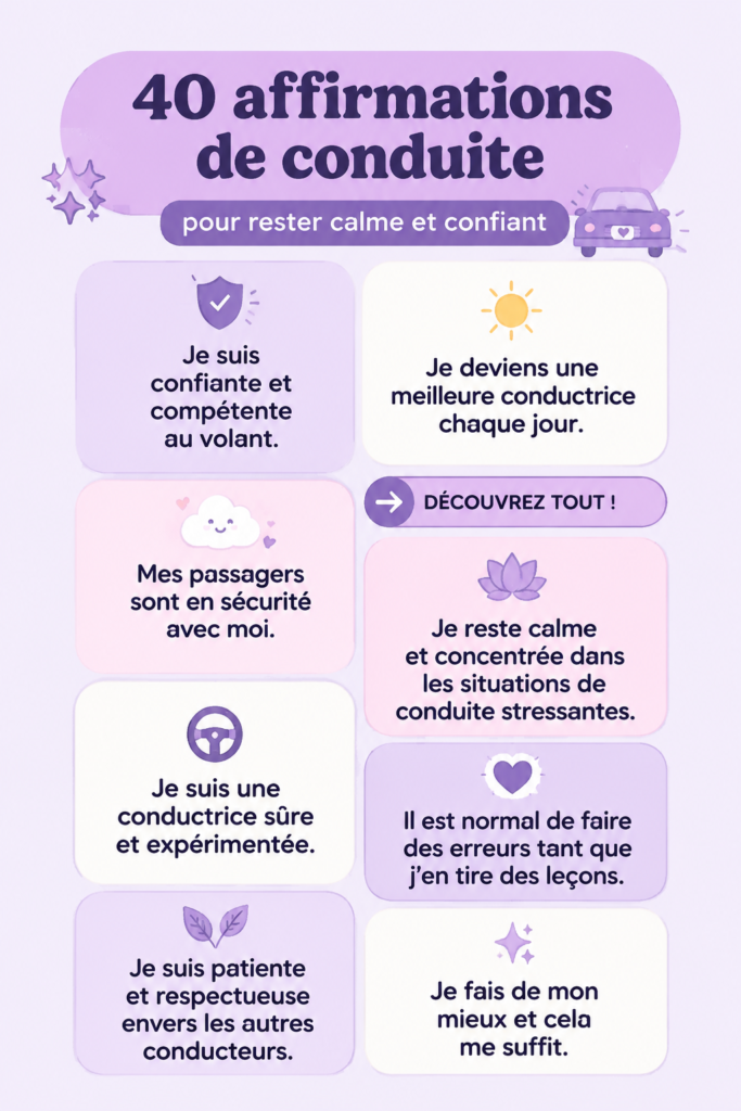 Affiche inspirante sur les affirmations pour une conduite sereine