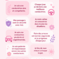 Femme souriante au volant avec des affirmations positives en tête