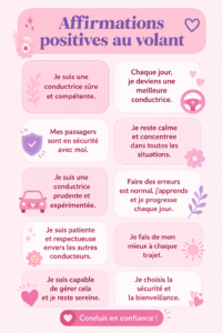 Femme souriante au volant avec des affirmations positives en tête