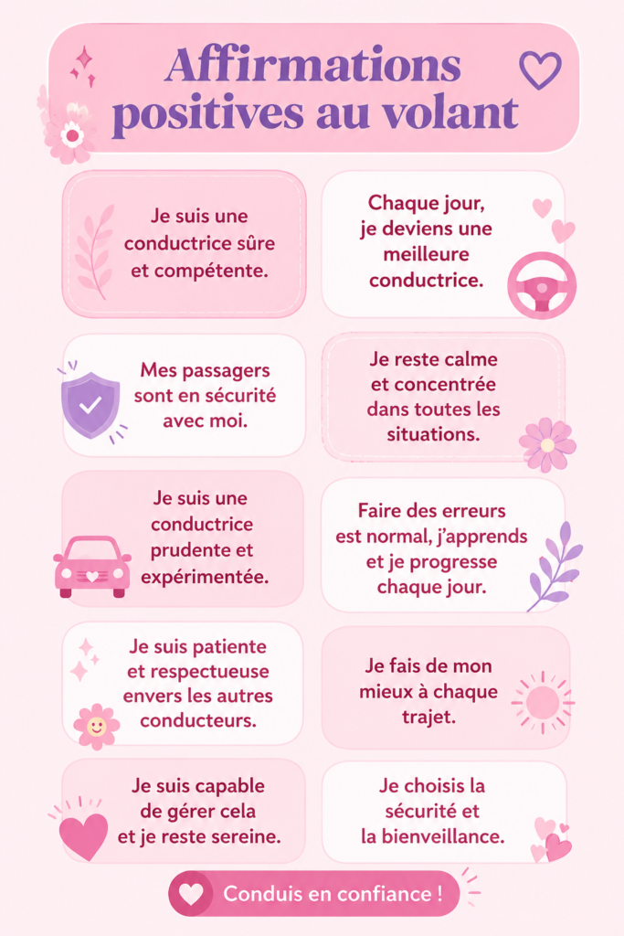 Femme souriante au volant avec des affirmations positives en tête