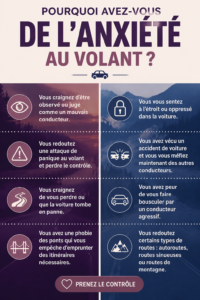 Femme conduisant une voiture avec une expression préoccupée, symbolisant l'anxiété à conduire.