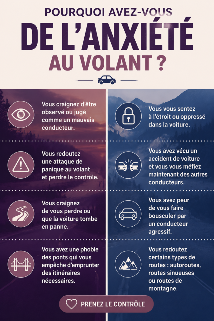 Femme conduisant une voiture avec une expression préoccupée, symbolisant l'anxiété à conduire.