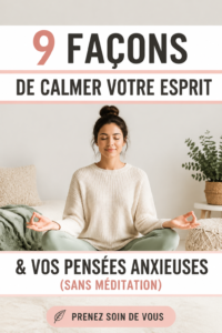 Femme méditant dans un environnement paisible, représentant la tranquillité d'esprit.