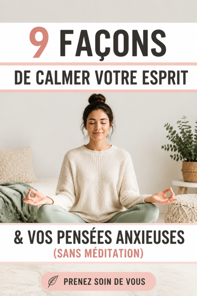 Femme méditant dans un environnement paisible, représentant la tranquillité d'esprit.