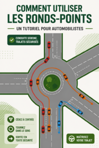 Femme conduisant en toute confiance dans un rond-point avec des véhicules autour d'elle.
