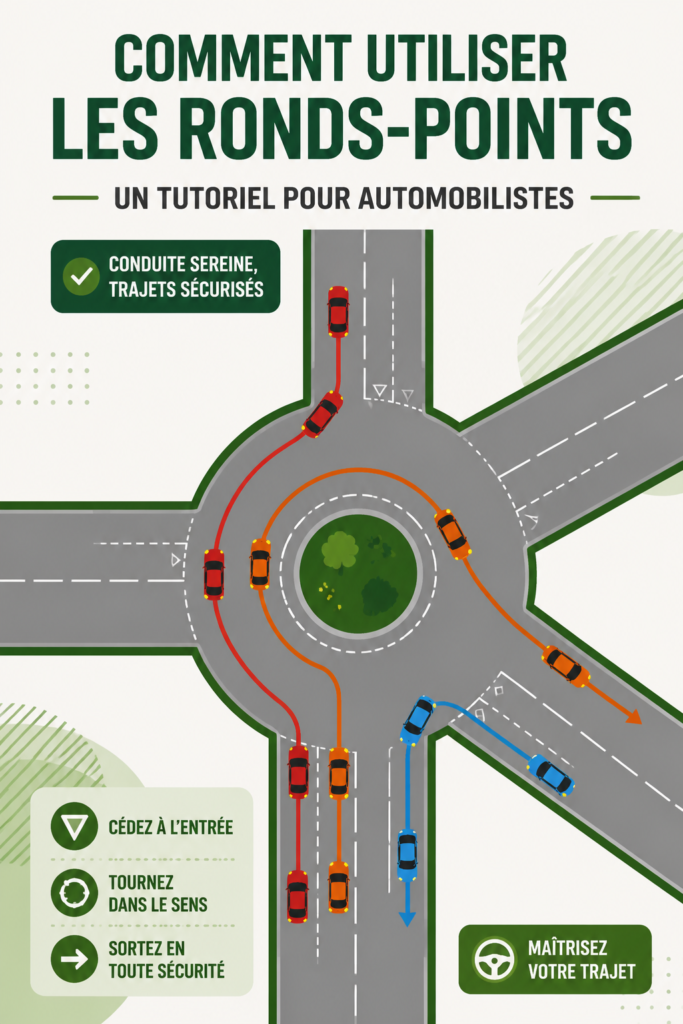 Femme conduisant en toute confiance dans un rond-point avec des véhicules autour d'elle.