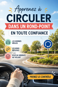 Image d'une femme confiante au volant de sa voiture entrant dans un rond-point.