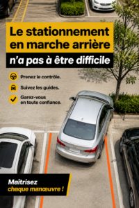 Femme conduisant une voiture et préparant un stationnement en marche arrière.