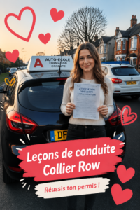 Une conductrice prenant des leçons de conduite à Collier Row.