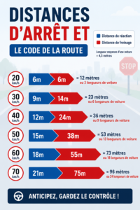 Illustration d'une conductrice concentrée sur la route tout en calculant la distance d'arrêt.