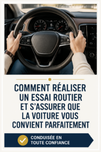 Femme testant une voiture lors d'un essai pour évaluer son confort et son adaptabilité.