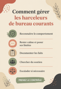 Femme au bureau exprimant ses préoccupations sur un comportement de harcèlement.