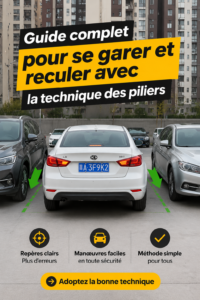 Une femme souriante à côté de sa voiture, prête à manœuvrer en utilisant la technique des piliers.
