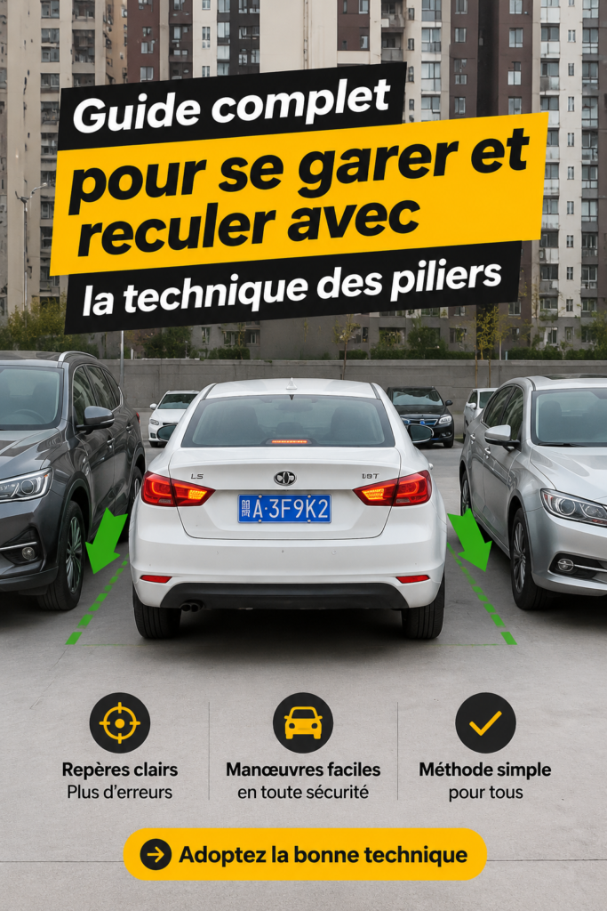 Une femme souriante à côté de sa voiture, prête à manœuvrer en utilisant la technique des piliers.