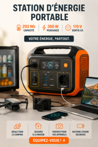 Station d'énergie portable Jackery Explorer 300 au camping, chargée avec panneaux solaires, offrant une réserve d'énergie.