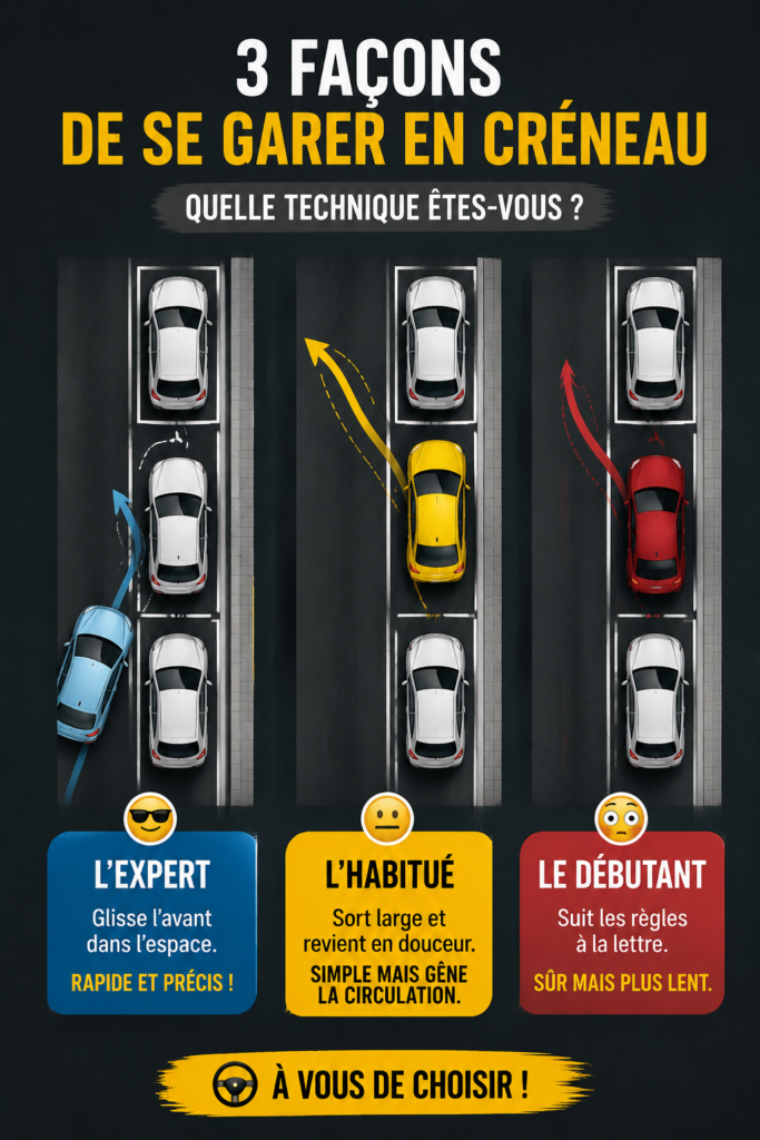 Femme se garant en parallèle dans un stationnement urbain