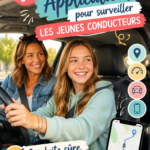 Un smartphone affichant une application de surveillance pour la conduite des adolescents, avec une image d'un jeune conducteur dans une voiture.